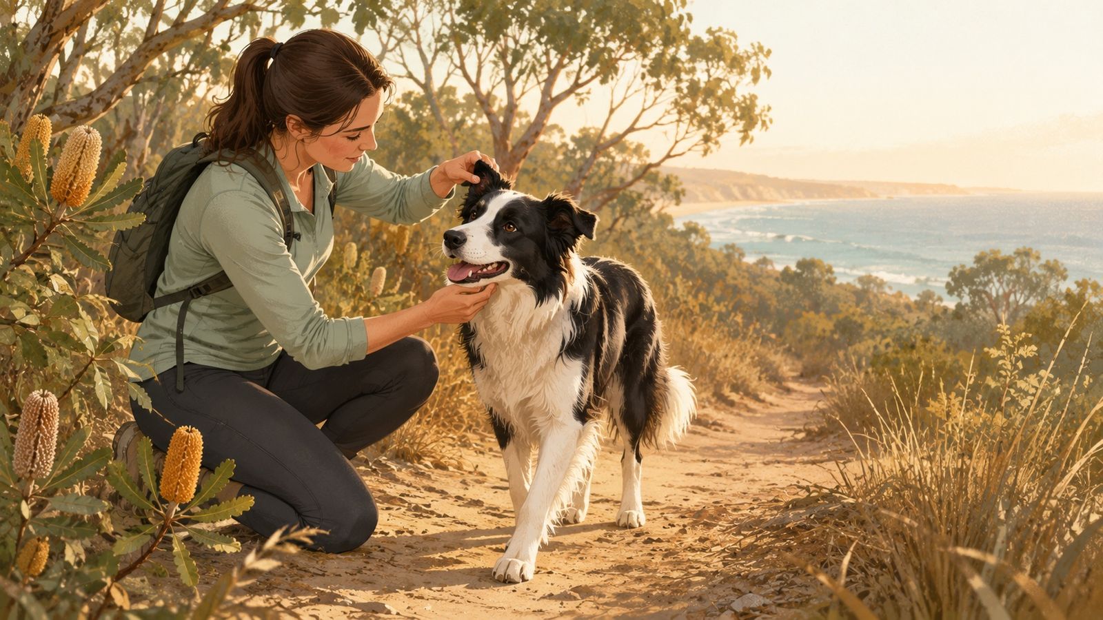 An owner checks her border collie for ticks on a coastal bush trail