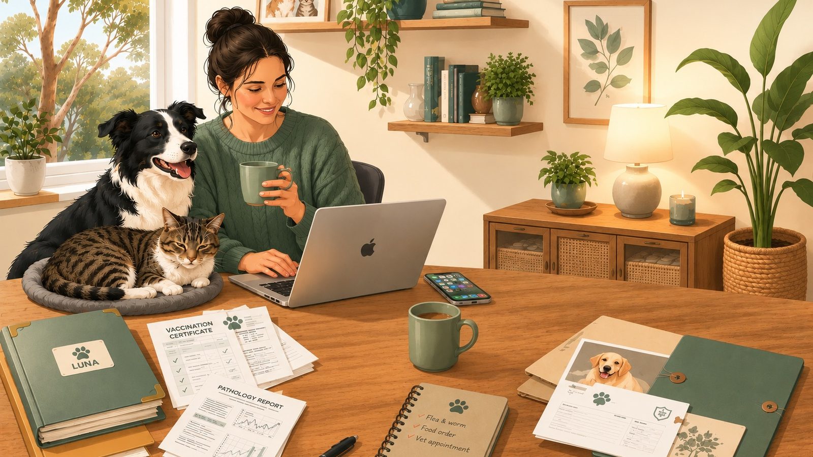 An owner organises pet health records on a MacBook, her border collie and tabby cat beside her