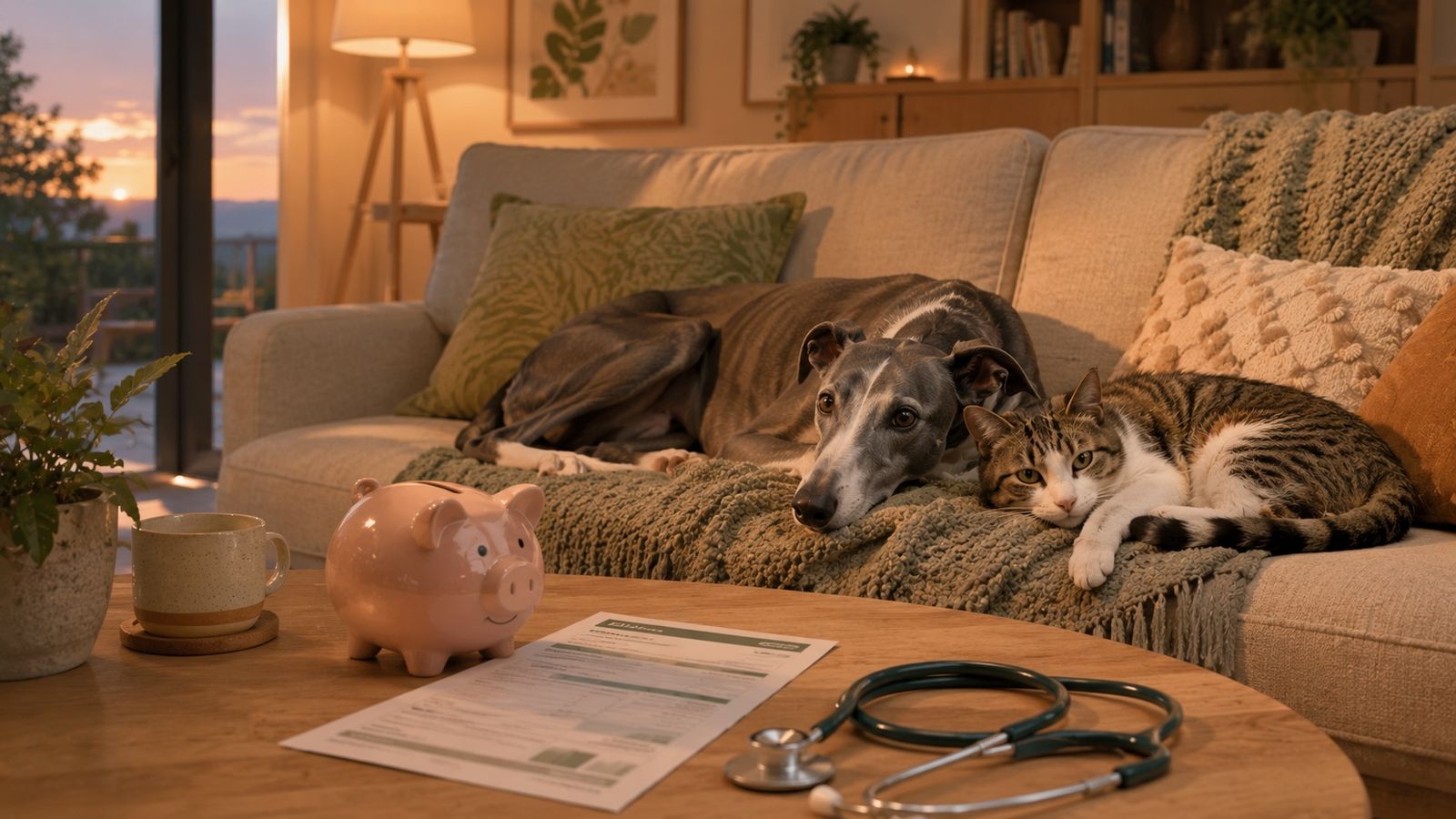 A greyhound and a cat resting on a couch beside a piggy bank and stethoscope