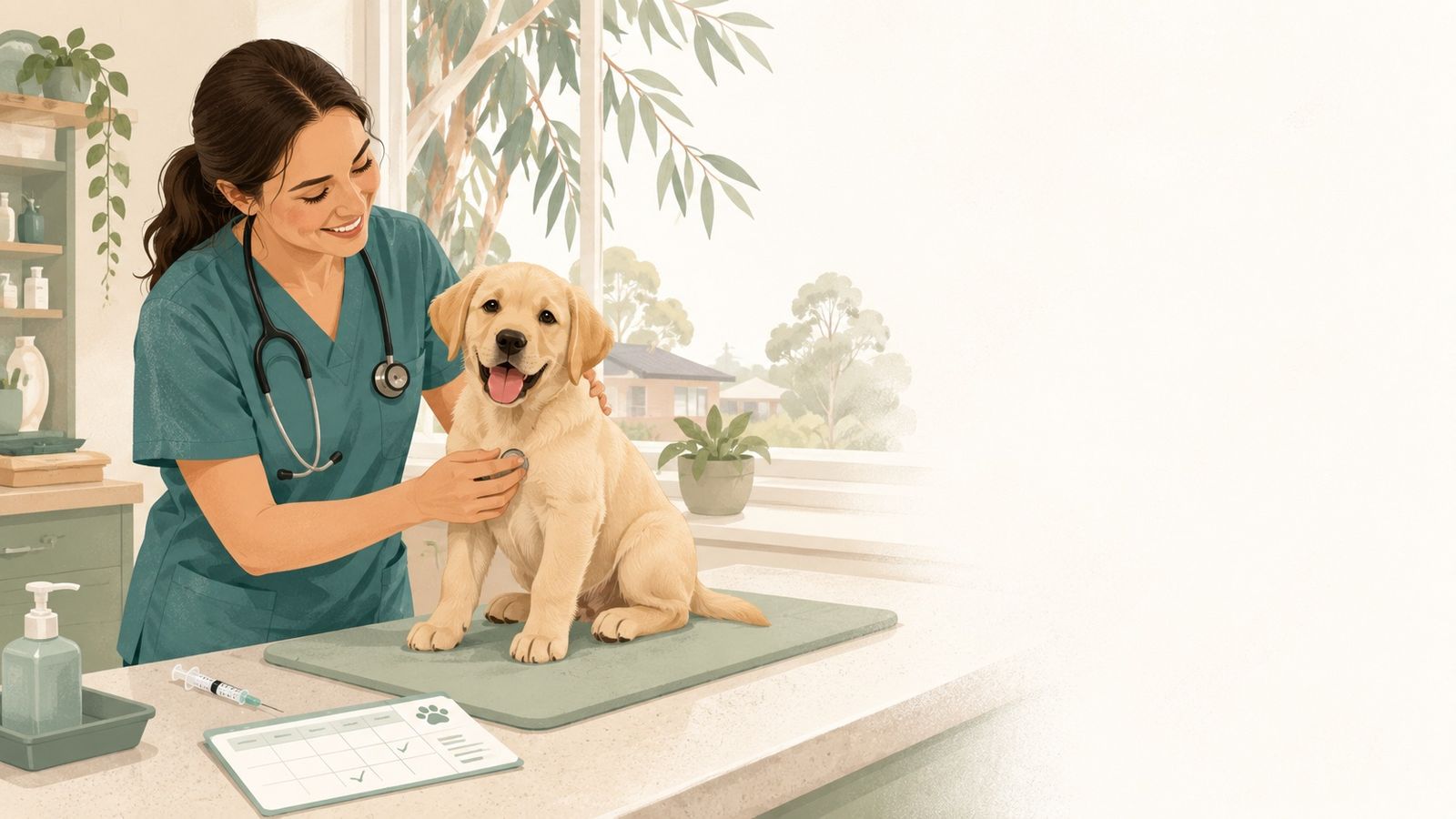 A veterinarian gently examines a Labrador puppy on a clinic table
