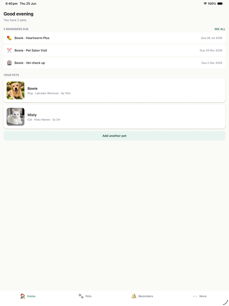 The Household Pet Home tab showing a greeting, a list of reminders due, and cards for two pets, Bowie and Misty.