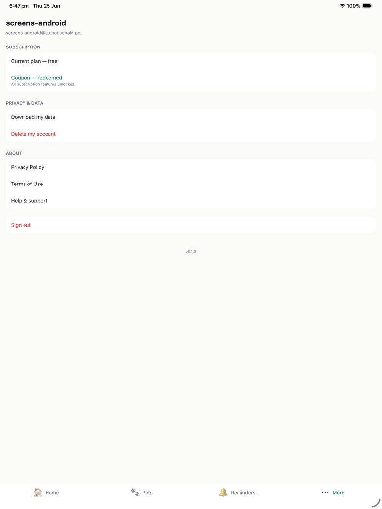 The More tab showing the current subscription plan, Privacy & data options to download data or delete account, About links, and Sign out.