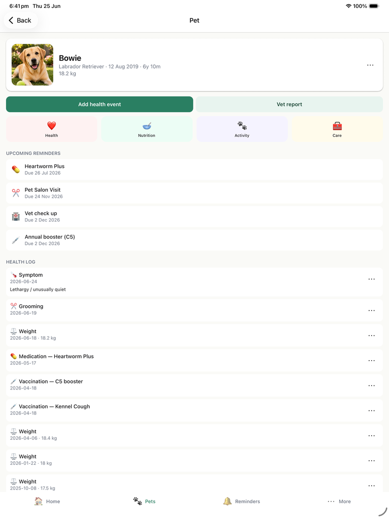 A pet profile for Bowie the Labrador, with Add health event and Vet report buttons, quick links for Health, Nutrition, Activity and Care, upcoming reminders, and the health log.