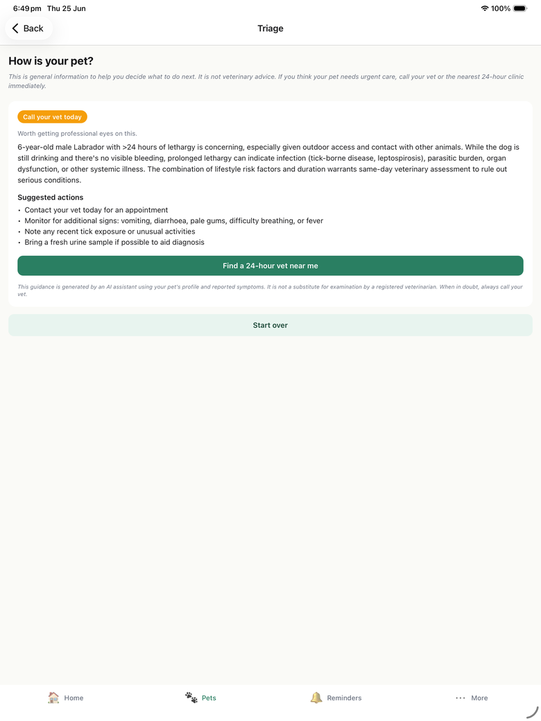 The AI symptom assistant result screen with a 'Call your vet today' band, a plain-language explanation, suggested actions, and a Find a 24-hour vet near me button.