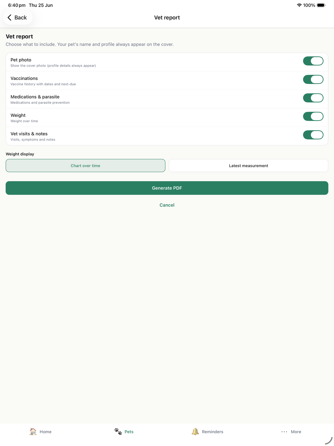 The vet report builder with toggles to include the pet photo, vaccinations, medications, weight and vet visits, a weight display choice, and a Generate PDF button.
